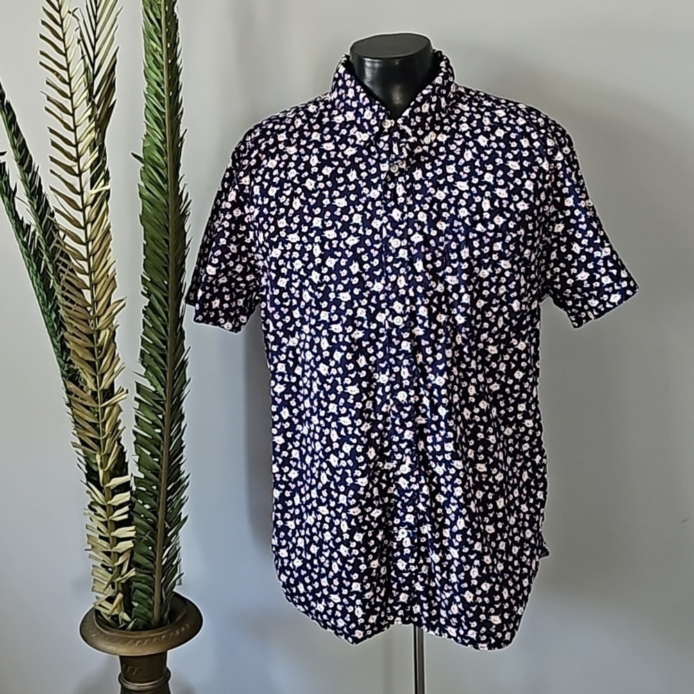 Gap Navy Blue Floral Print Button Down Slim Fit Short Sleeve Shirt